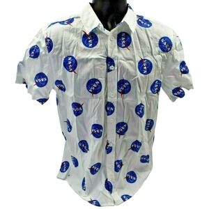 NASA Men Size L Button Up Shirt Short Sleeve White Blue Logo Print NWOT Casual